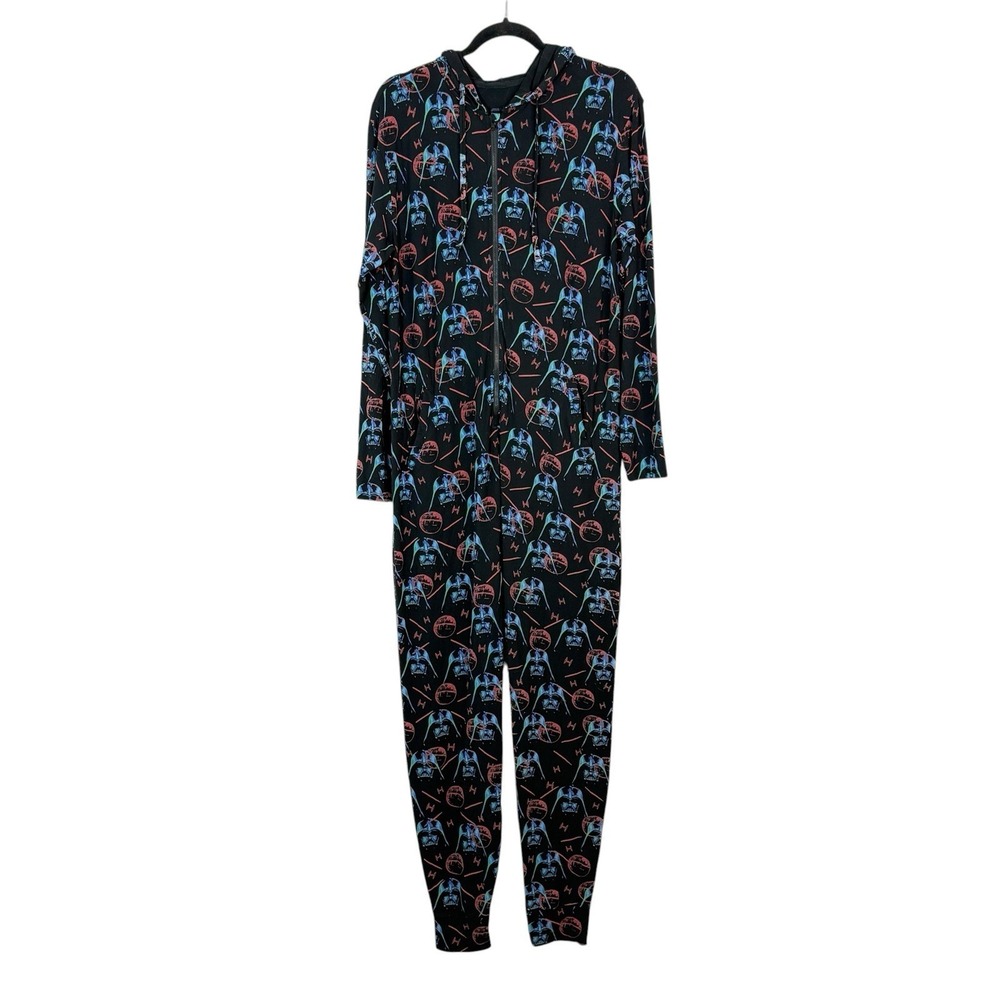 Star Wars Meundies One Piece Hooded Pajamas Sz S/M Full Zip Long Sleeve Black